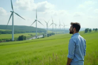 Homme dans un champ vert avec des éoliennes en arrière-plan