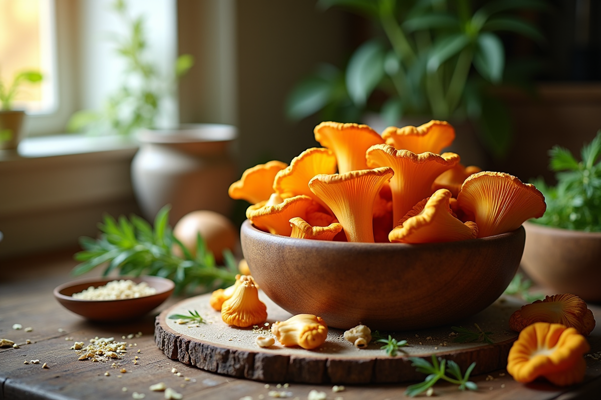 Bol de chanterelles dans une cuisine rustique en matinée