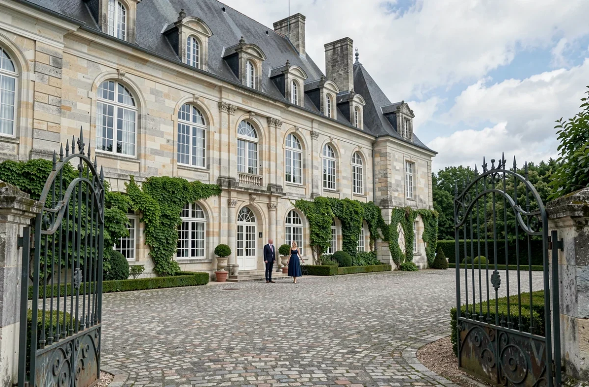 Château de Mauvières, façade classique en calcaire avec cour pavée et grilles ornementales, idéal pour réceptions de prestige