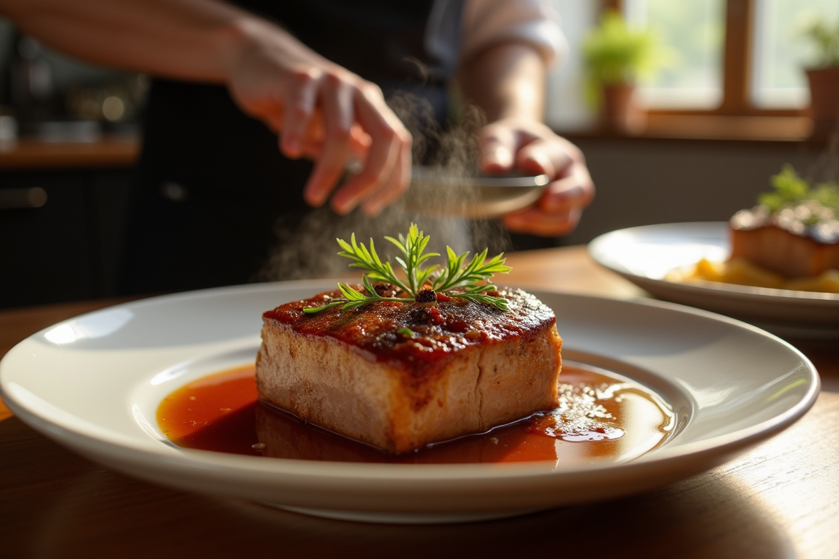 Chef servant une côte de porc braisée en sauce bière