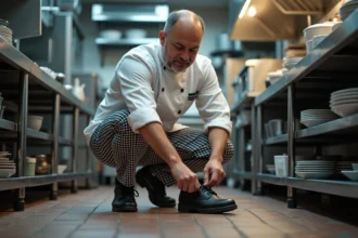 Chef professionnel en cuisine attachant ses chaussures de sécurité