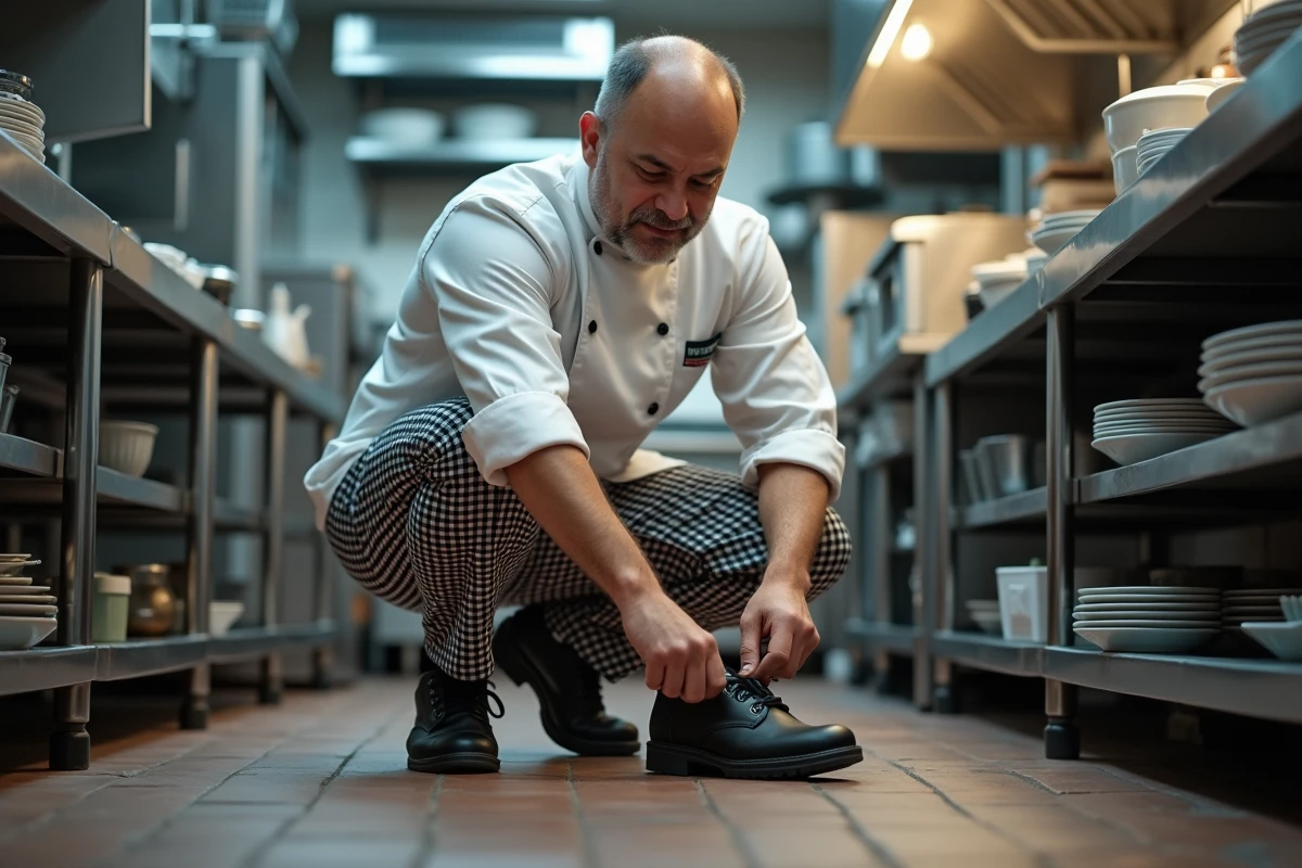 Chef professionnel en cuisine attachant ses chaussures de sécurité