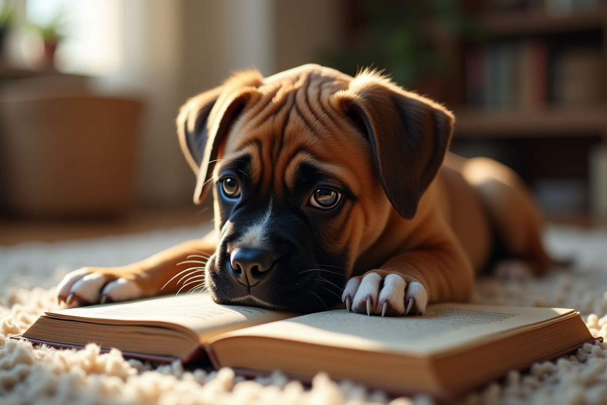 Chiot boxer allonge sur un tapis avec un livre
