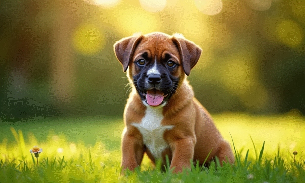 Chiot boxer joueur dans un jardin ensoleille