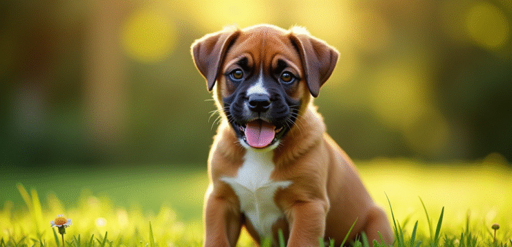 Chiot boxer joueur dans un jardin ensoleille