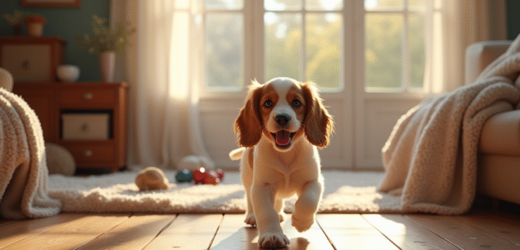 Jeune chiot cocker spaniel dans un salon chaleureux