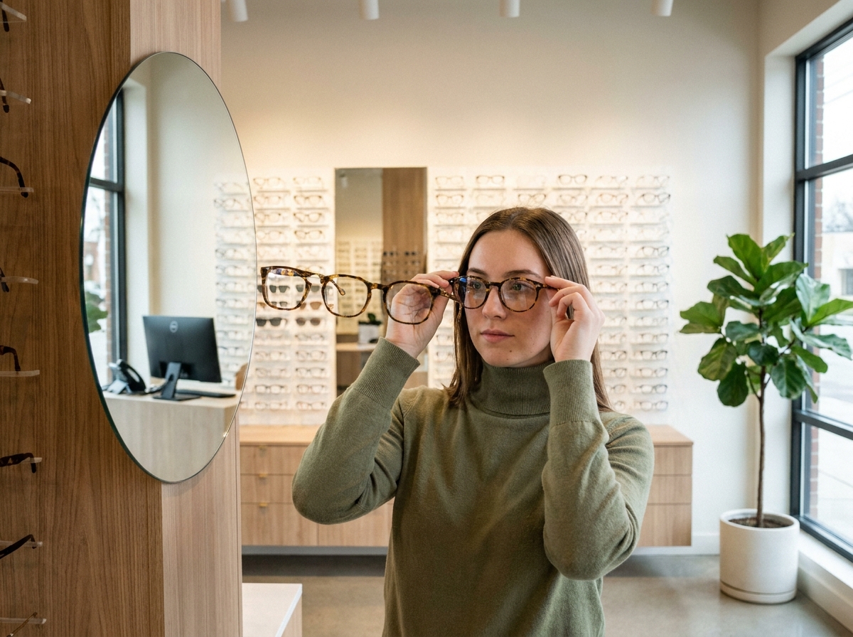 Jeune femme choisissant une monture de lunettes devant un présentoir dans une opticien de proximité