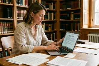 Femme consultant des archives en ligne pour rédiger une citation académique correcte à son bureau de bibliothèque