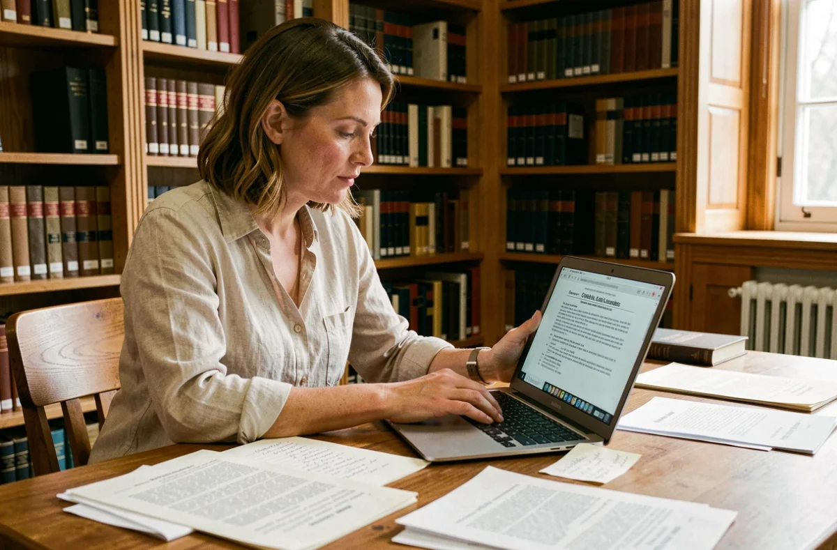 Femme consultant des archives en ligne pour rédiger une citation académique correcte à son bureau de bibliothèque