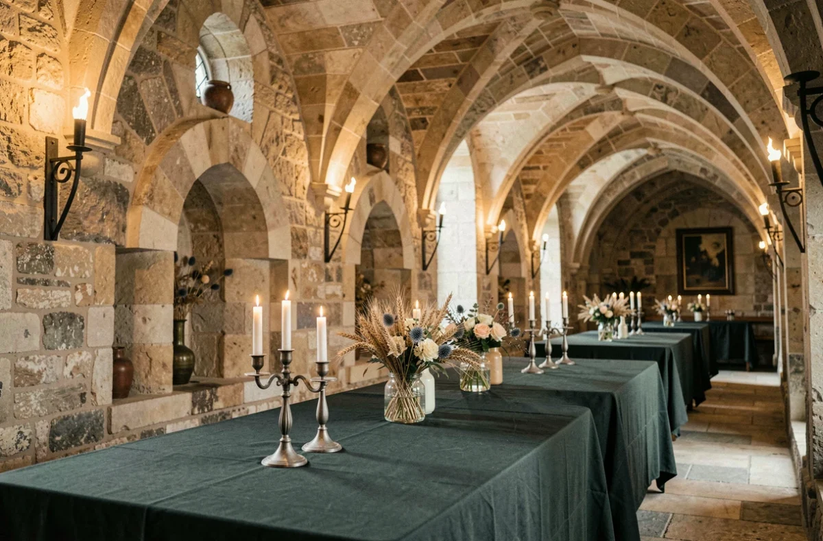 Le Club Les Templiers, salle voûtée en pierre à l'atmosphère médiévale avec tables en bois et décoration rustique dans les Yvelines