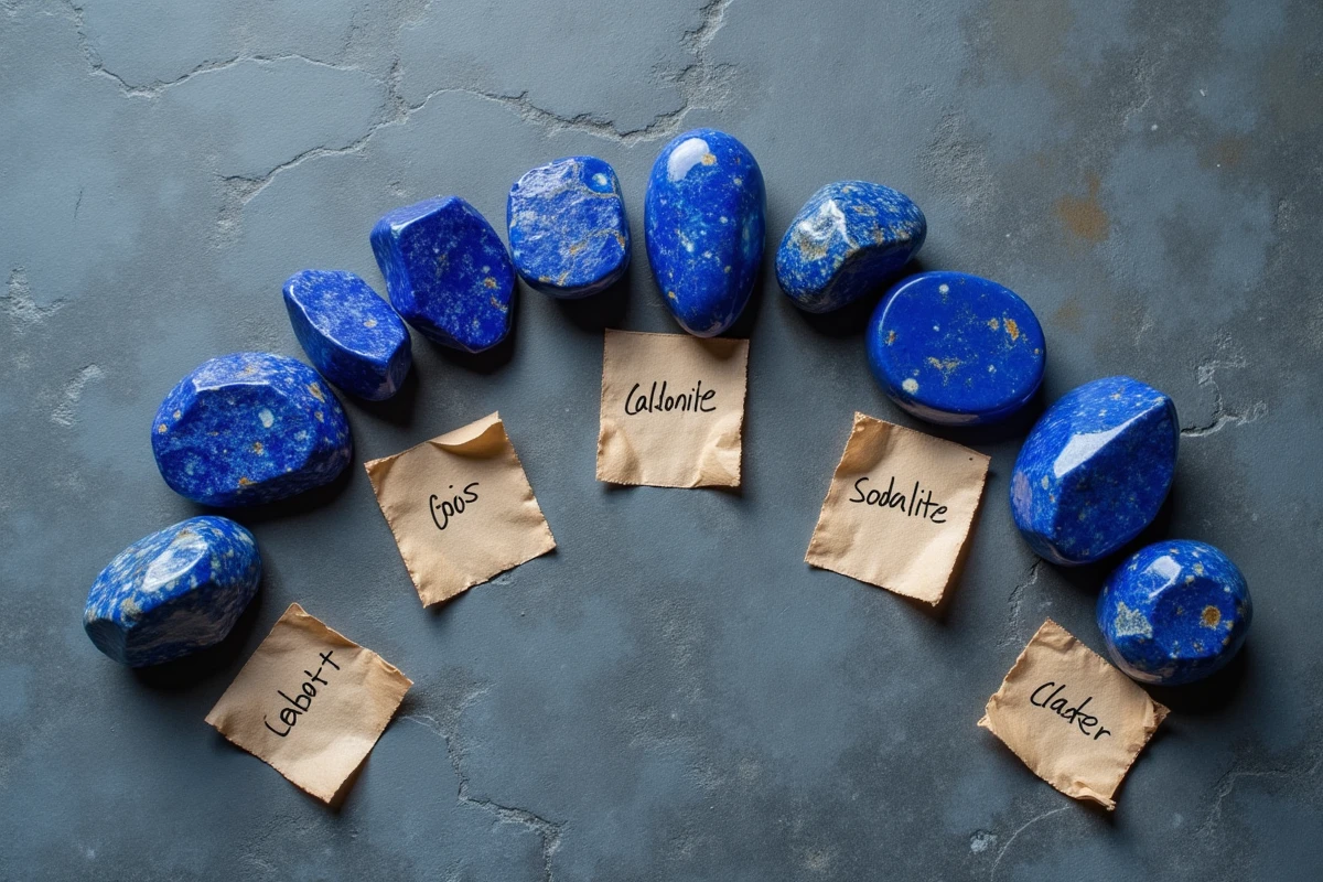 Collection de pierres bleues variées disposées en arc sur ardoise avec étiquettes artisanales