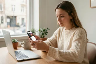 Jeune femme comparant les abonnements YouTube Premium et YouTube Music sur son smartphone dans un bureau à domicile chaleureux