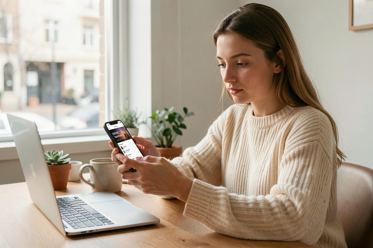 Jeune femme comparant les abonnements YouTube Premium et YouTube Music sur son smartphone dans un bureau à domicile chaleureux