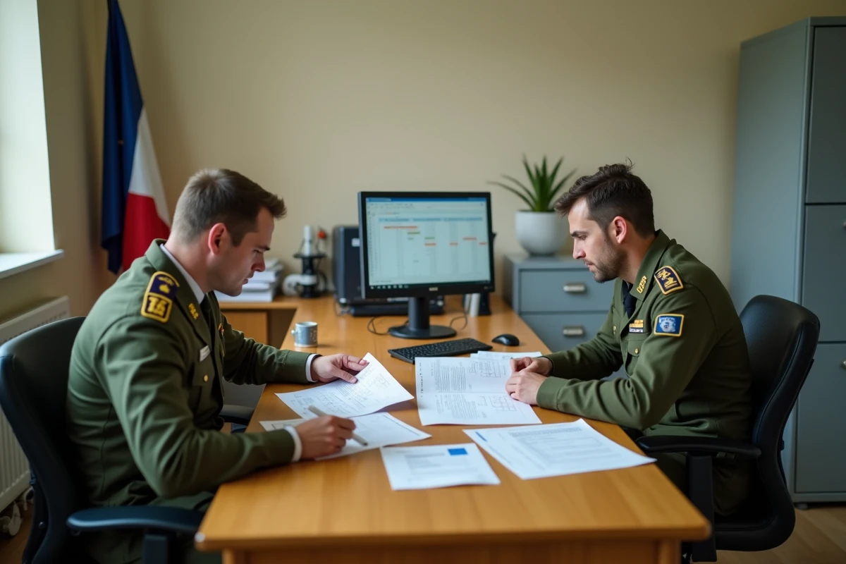 Officier d'active et officier de réserve comparant leurs grilles indiciaires dans un bureau administratif militaire