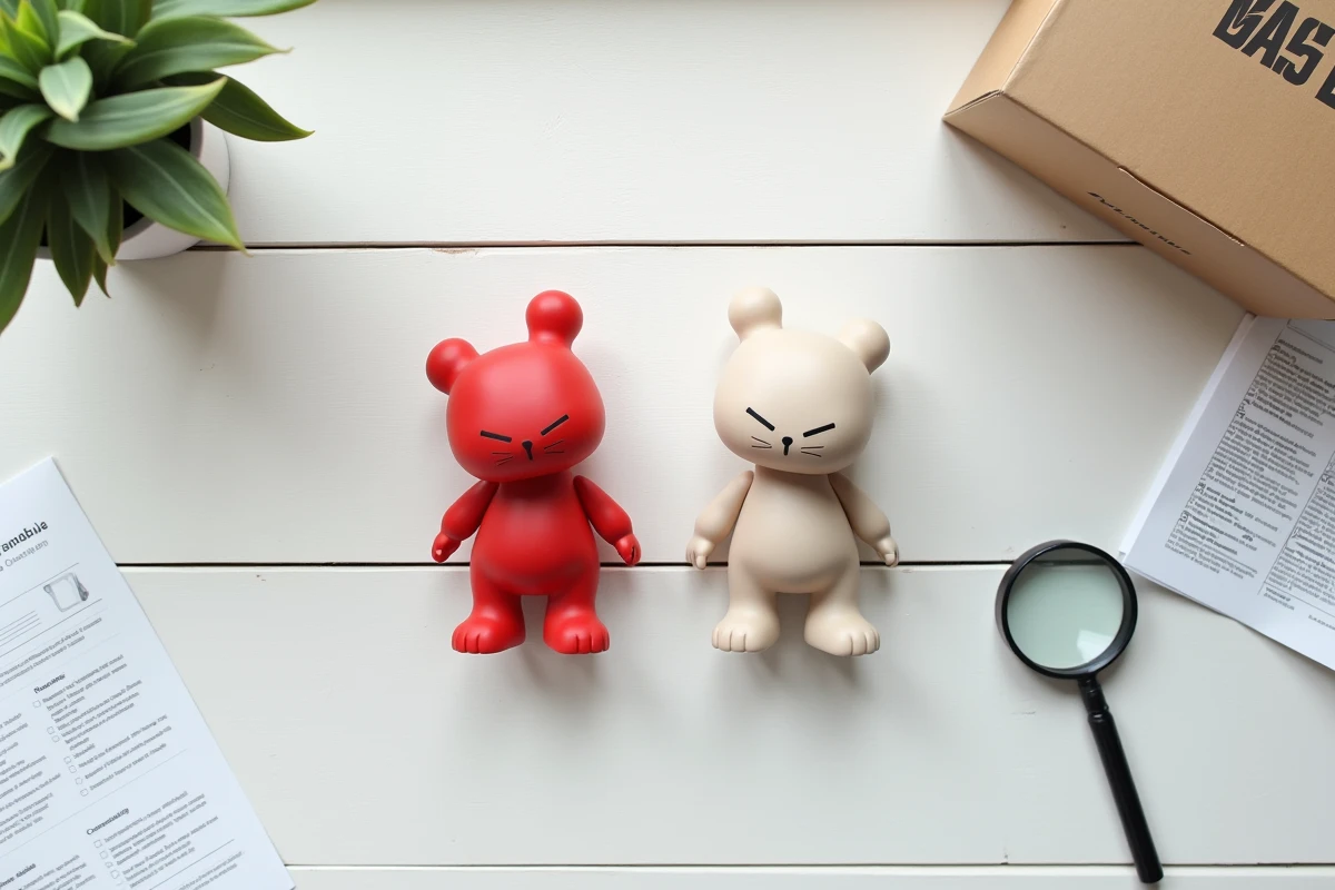 Comparaison côte à côte d'une vraie figurine Labubu authentique et d'une contrefaçon, avec packaging Pop Mart et guide d'authentification
