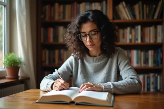 Femme comparant une liste de lecture francelecture et un catalogue officiel dans une bibliothèque personnelle