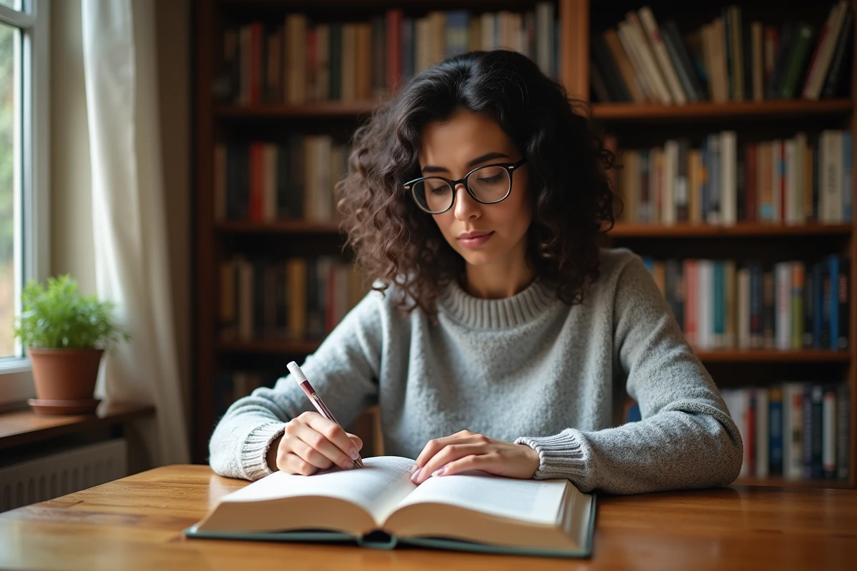 Femme comparant une liste de lecture francelecture et un catalogue officiel dans une bibliothèque personnelle