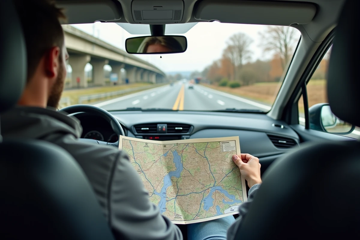 Conducteur consultant une carte routière de Toulouse à bord de sa voiture sur le périphérique toulousain