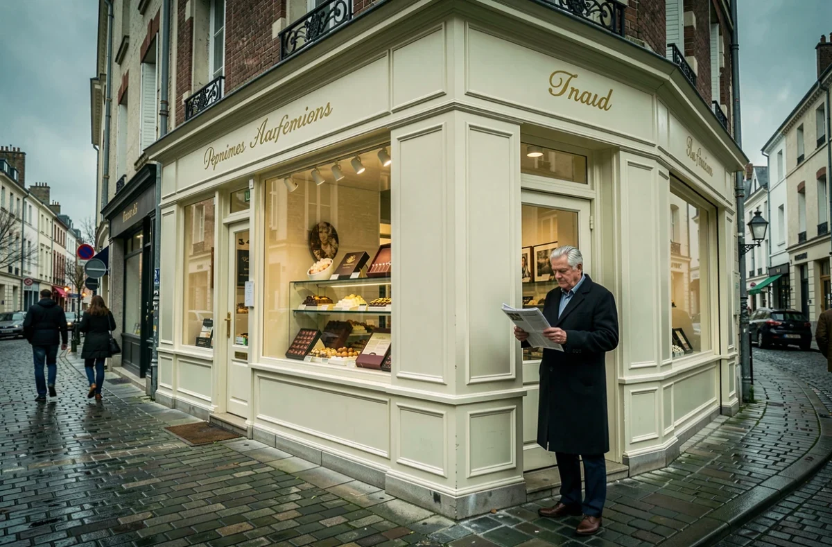 Façade d'une confiserie française élégante à Amiens avec un homme âgé tenant un journal devant la boutique, illustrant le contexte familial et commercial de l'enquête