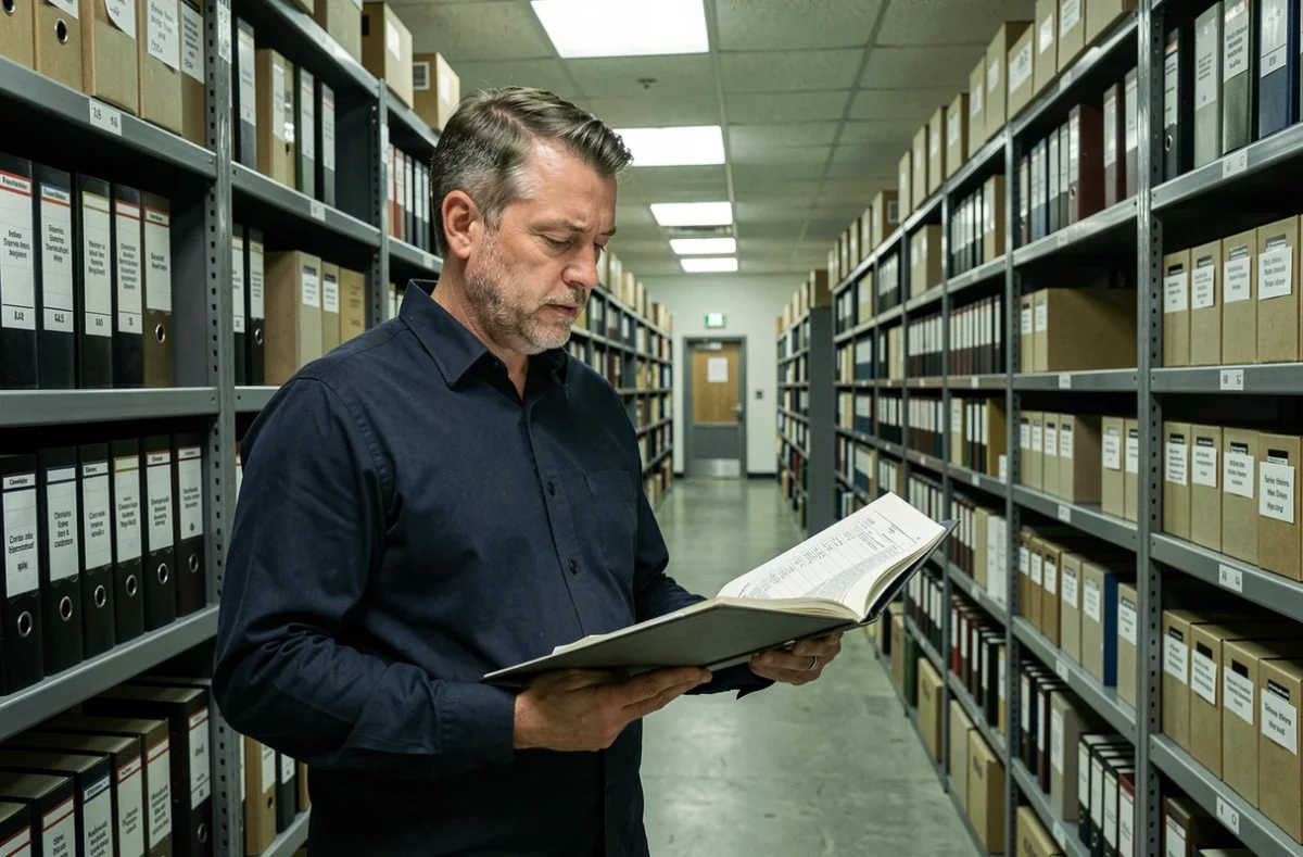 Homme consultant des archives physiques classées pour vérifier les références de citation dans un centre d'archives institutionnel