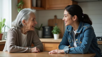 Deux femmes âgées et jeunes discutent dans la cuisine chaleureuse