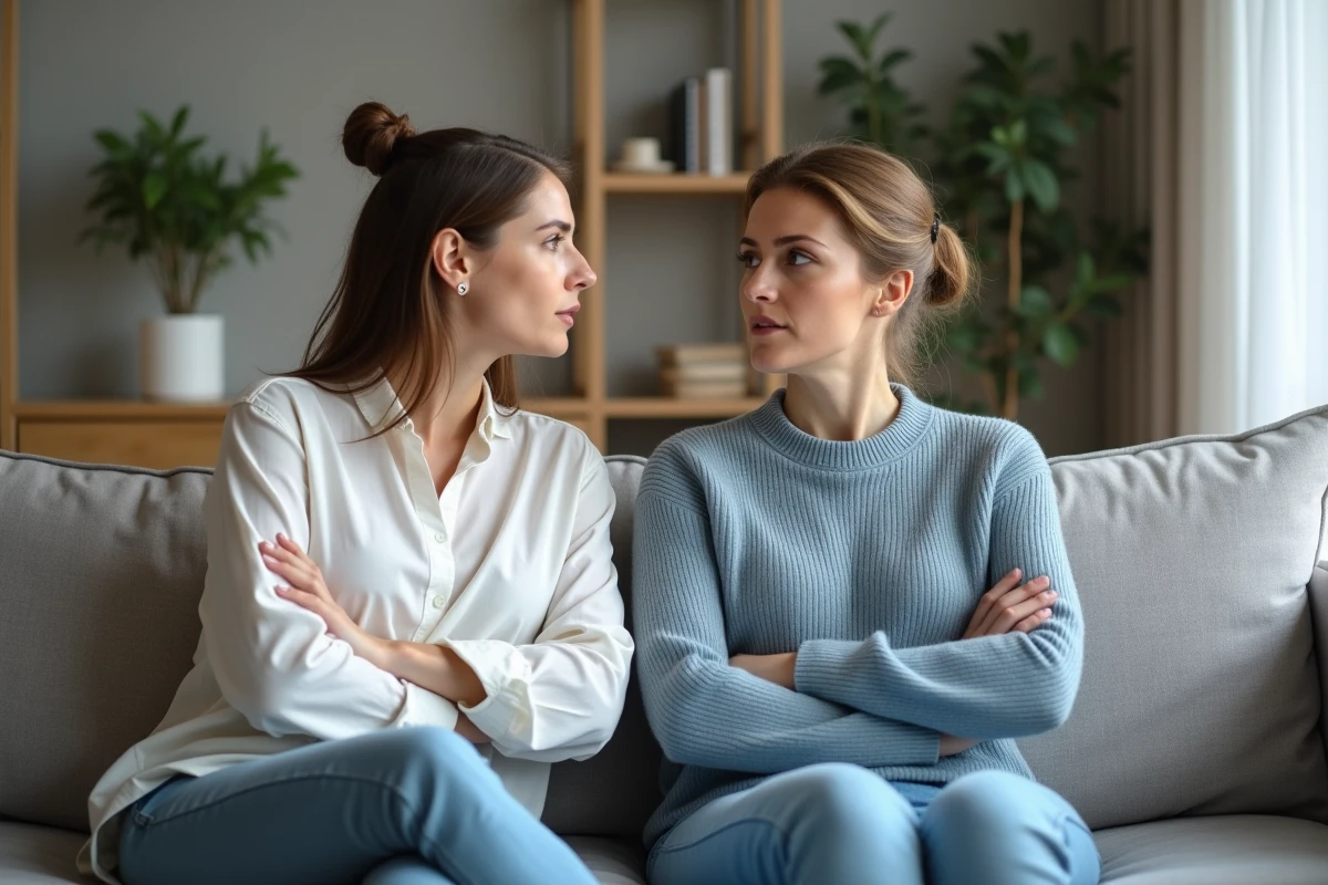 Deux femmes sur un canapé en conversation difficile à la maison, illustrant les incompréhensions et pièges dans les échanges verbaux