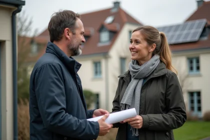 Homme d'âge moyen parlant avec une femme devant une maison à Rouen