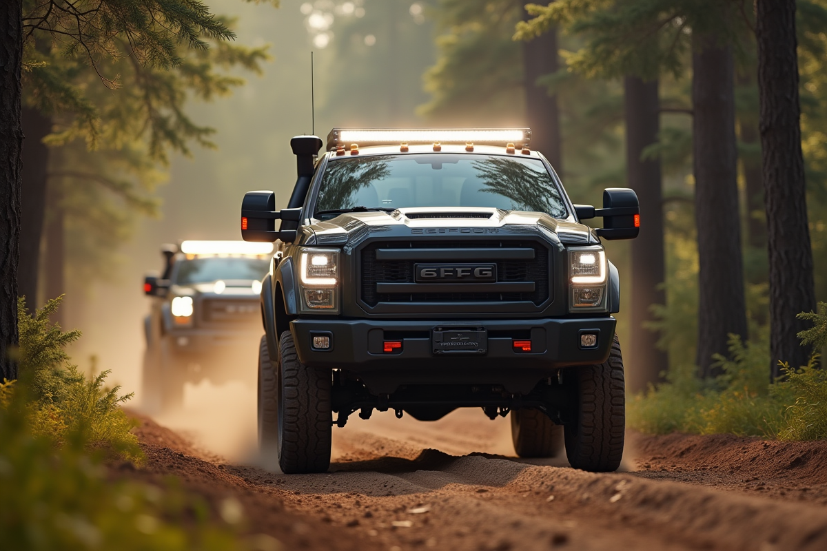 Convoi de 4x4 avec phares LED en forêt en plein jour