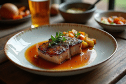 Côte de porc braisée en sauce bière sur table rustique