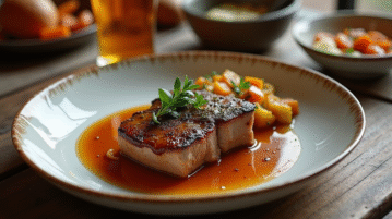 Côte de porc braisée en sauce bière sur table rustique