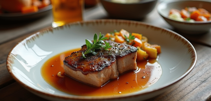 Comment réussir votre joue de porc à la bière à tous les coups ? Côte de porc braisée en sauce bière sur table rustique