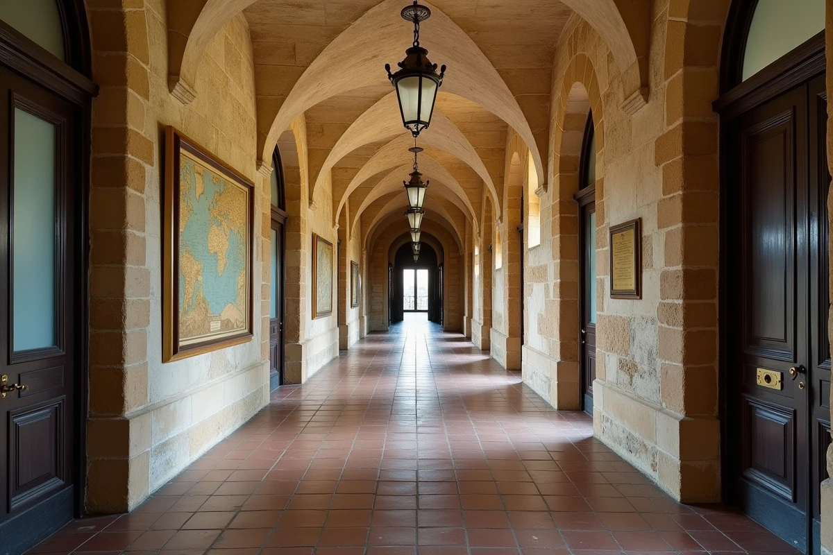 Couloir historique d'un bâtiment administratif de la base navale de Toulon avec architecture en pierre