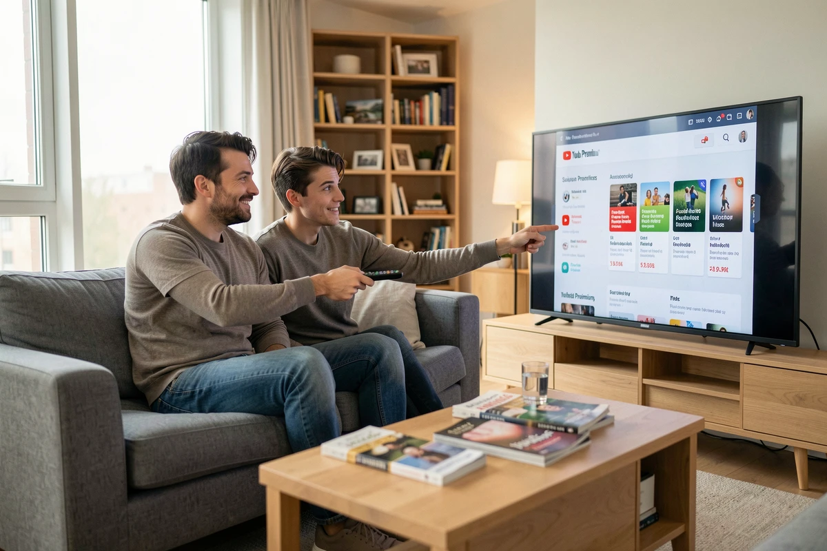 Couple comparant les prix des abonnements YouTube Premium sur un téléviseur connecté dans un salon moderne