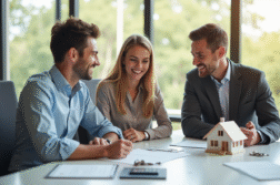 Jeune couple avec conseiller immobilier discutant d'un prêt immobilier