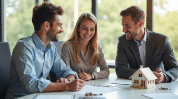 Jeune couple avec conseiller immobilier discutant d'un prêt immobilier