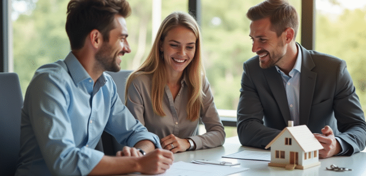 Jeune couple avec conseiller immobilier discutant d'un prêt immobilier