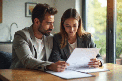 Couple examinant un contrat de vente dans un salon lumineux