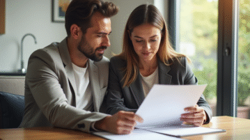 Couple examinant un contrat de vente dans un salon lumineux