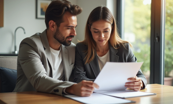 Couple examinant un contrat de vente dans un salon lumineux