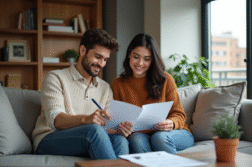 Jeune couple en intérieur remplissant des papiers