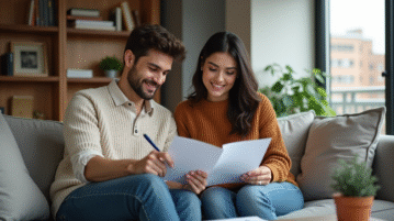 Jeune couple en intérieur remplissant des papiers