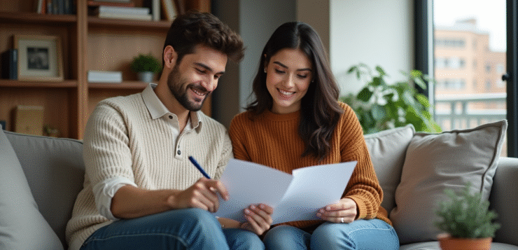 Jeune couple en intérieur remplissant des papiers