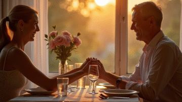 Couple mature souriant lors d'un dîner élégant en soirée
