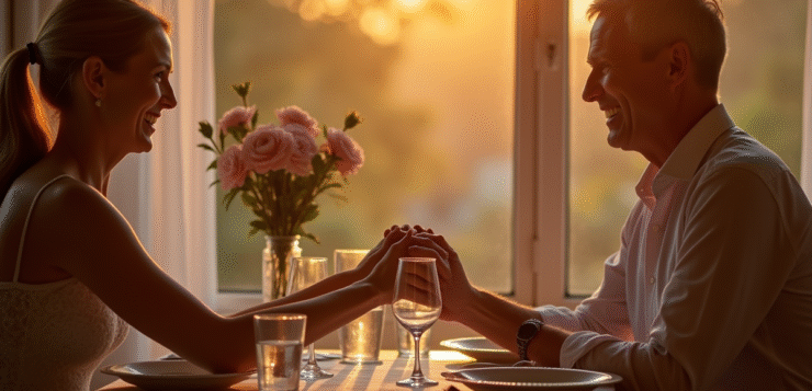 Couple mature souriant lors d'un dîner élégant en soirée