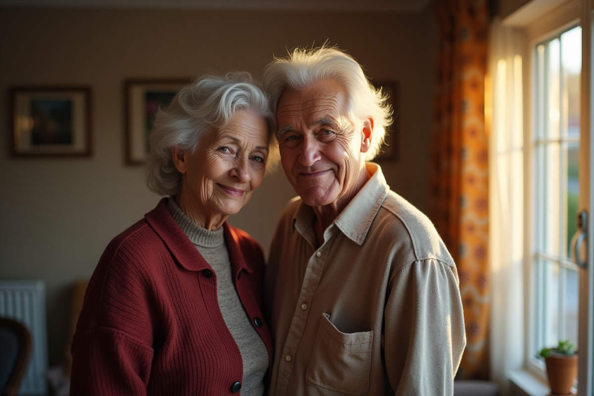 Couple agee dans leur maison chaleureuse