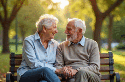 Couple agee assis sur un banc de parc souriant