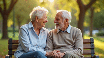 Couple agee assis sur un banc de parc souriant