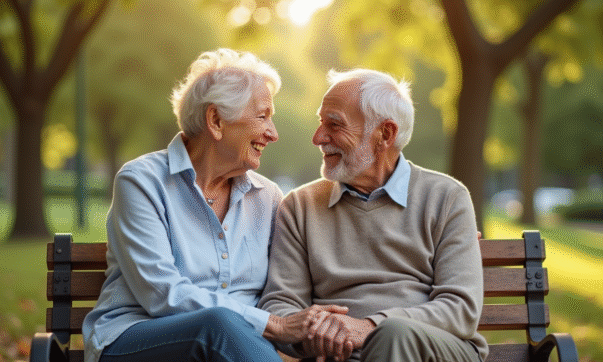 Couple agee assis sur un banc de parc souriant