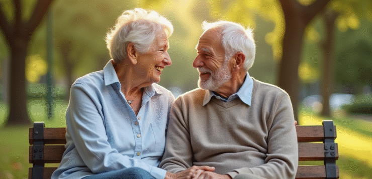 Couple agee assis sur un banc de parc souriant