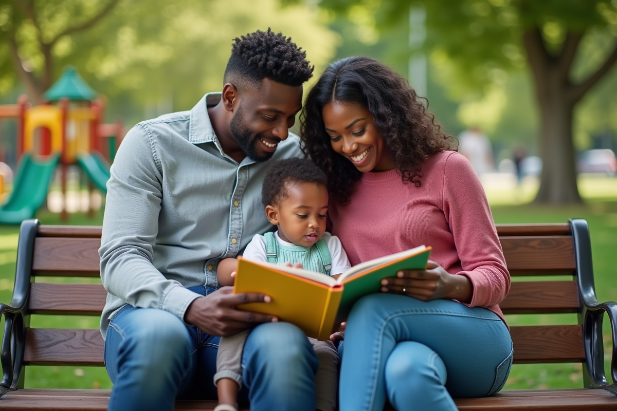 Couple homosexuel et enfant lisant dans un parc
